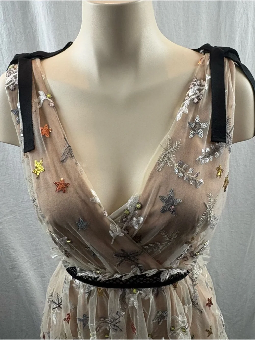 Sheer Star-Embellished Midi Dress in Nude with Black Trim 2 - Picture 10 of 16